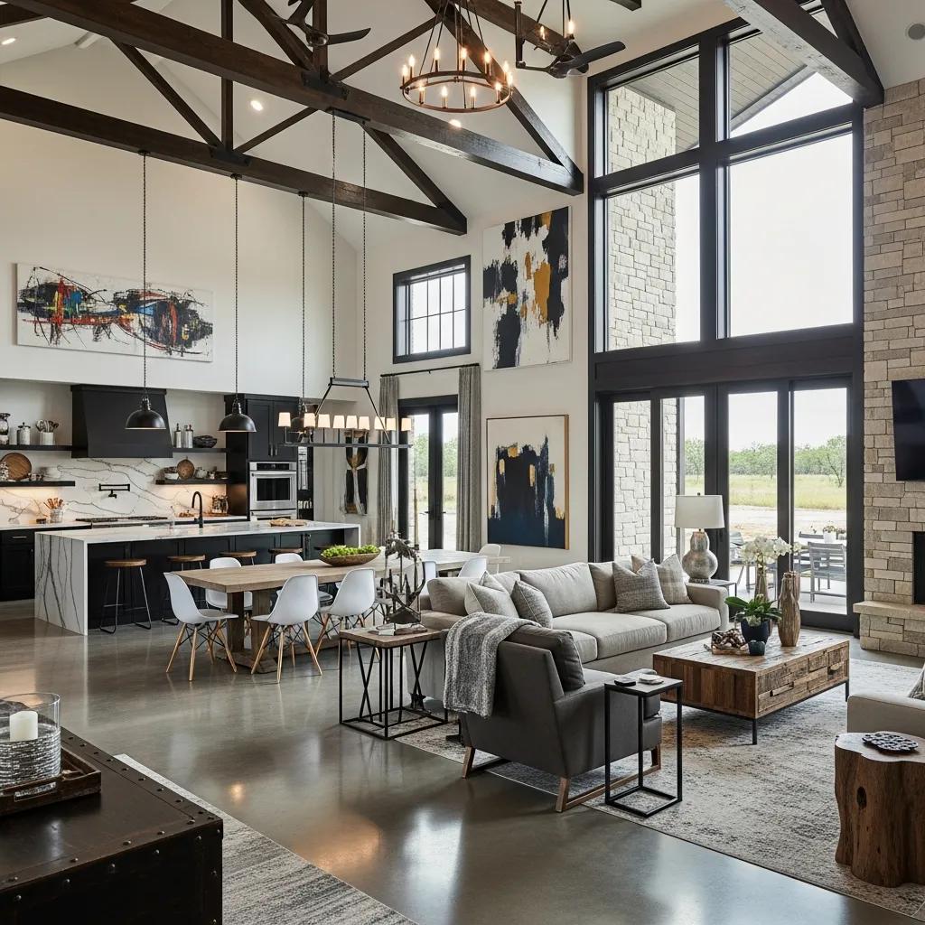 Modern open concept barndominium interior with vaulted ceilings and large windows