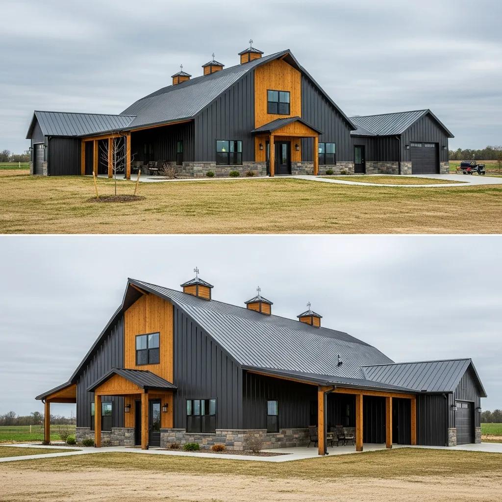 Modern-rustic barndominium with dark metal and wood accents in a rural setting
