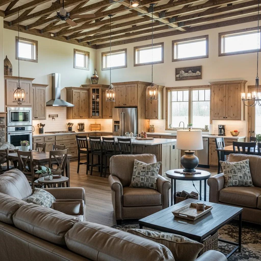 Open interior of a custom barndominium with modern kitchen and rustic decor