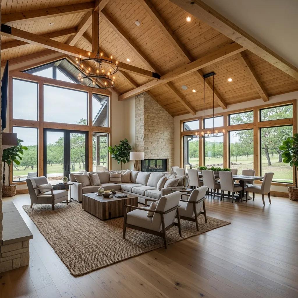 Open living area in a barndominium with vaulted ceilings and natural light