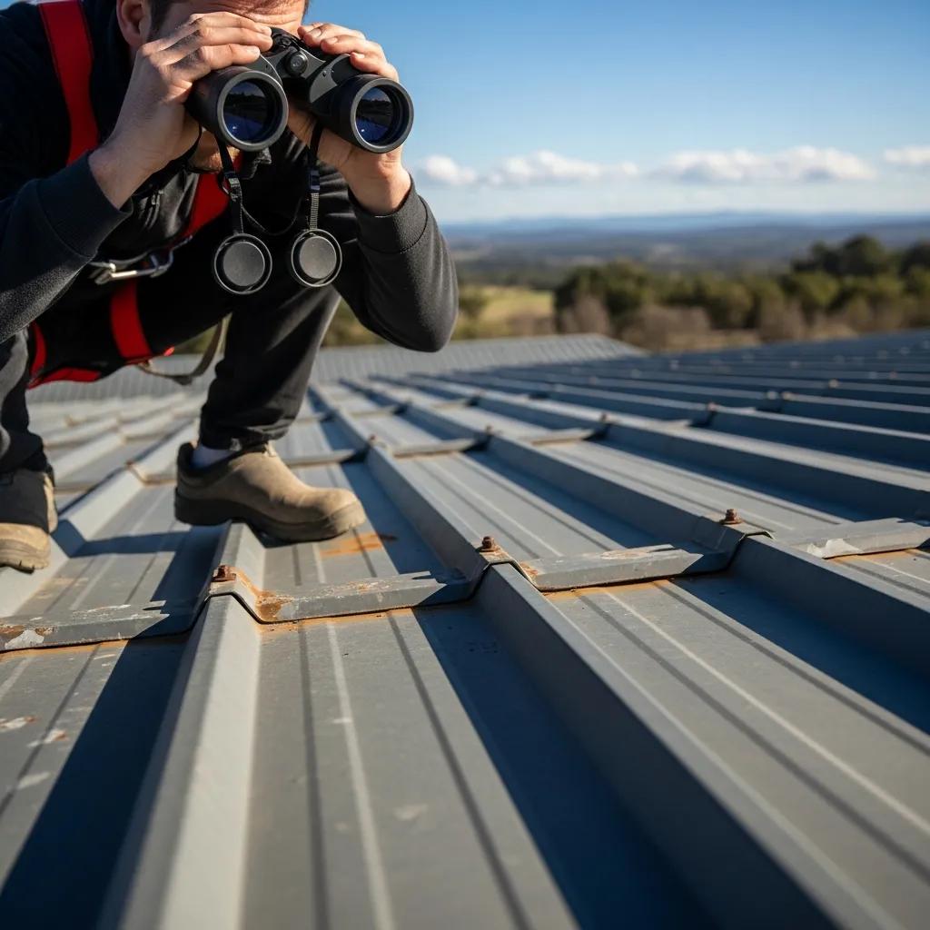 Inspecting a metal roof—safety first while checking fasteners and seams