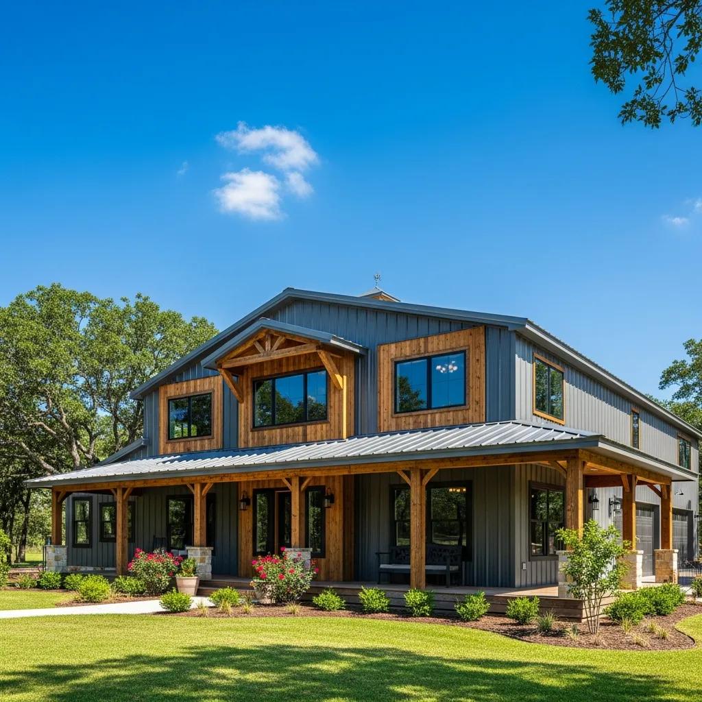 Stylish barndominium exterior with steel and wood finishes, highlighting modern design and durability