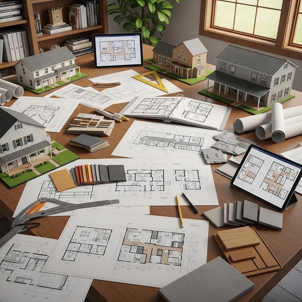 Assortment of barndominium floor plan options laid out in a design studio